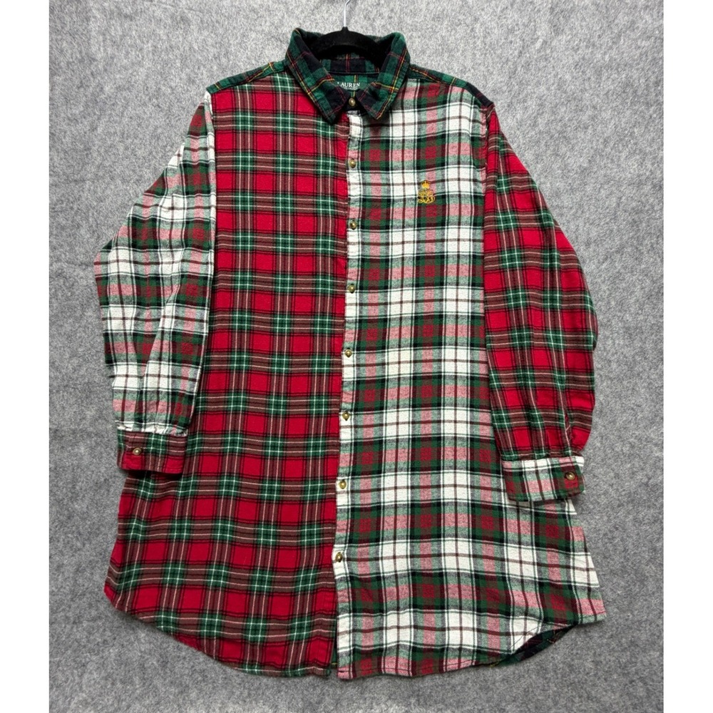 Lauren Ralph Lauren Plaid Patchwork Flannel Sleep Shirt XL Red Green Holiday